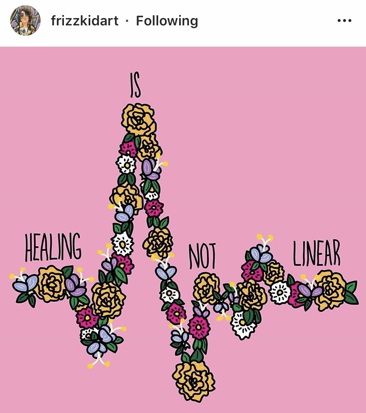 image description: a drawing of yellow, purple, white, and dark pink flowers composing a waveform with sharp peaks and valleys on a bright pink background, the black text above it reads “Healing is not linear” in all caps
