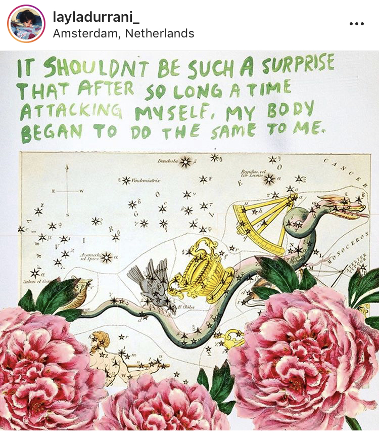 image description: green text above an image of pink peonies and a green dragon on a map of the stars. all caps text reads “It shouldn’t be such a surprise that after so long a time attacking myself, my body began to do the same to me.”