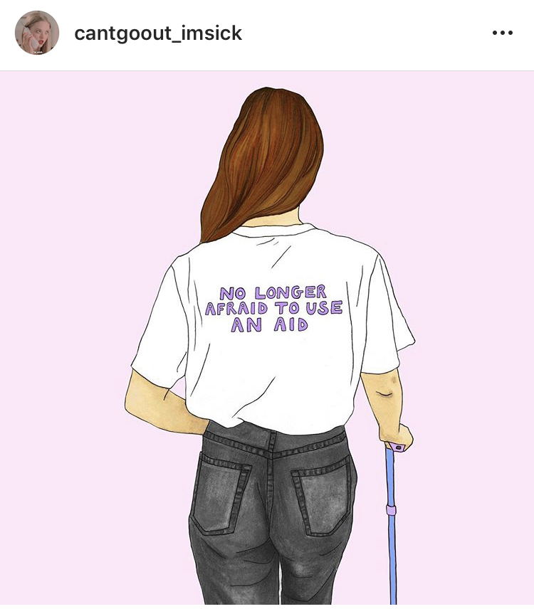 image description comes directly from cantgoout_imsick’s post: a lilac background with a figure standing with her back facing. The figure is an imagined version of myself, white skin, slim with brown hair. She is wearing faded black jeans with a white t shirt. The back of the t shirt says ‘no longer afraid to use an aid’ the writing is purple. She is holding a purple/blue walking stick.
